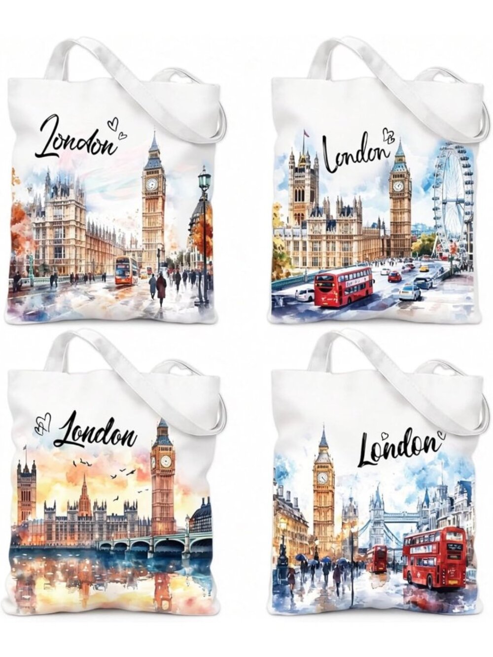 Reusable Cotton Tote Bags Set - 4 Pcs London Souvenirs Grocery Handbags